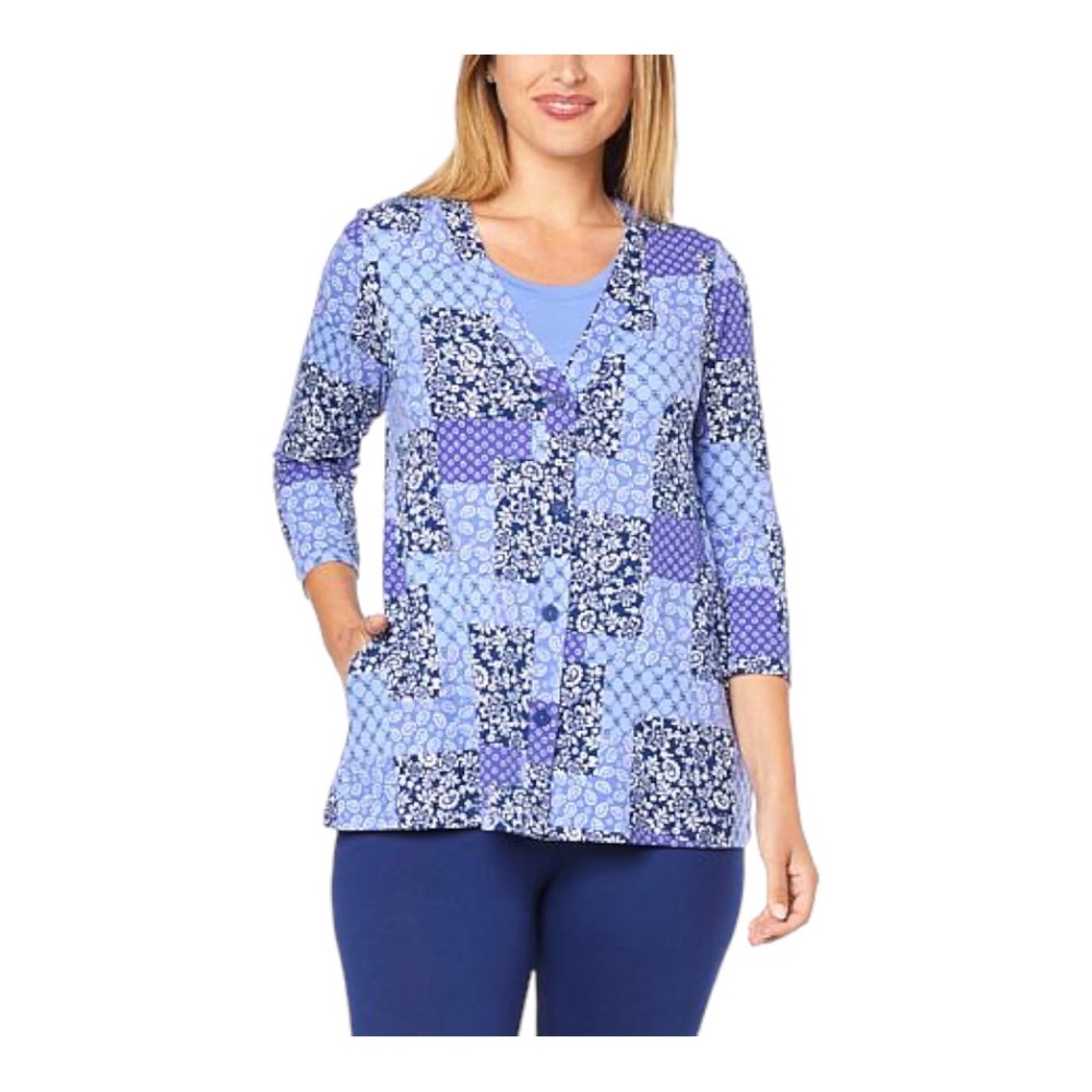 Comfort Code 3/4 Sleeve Cardigan & Matching Tank Set in Blue Patchwork. NWT!